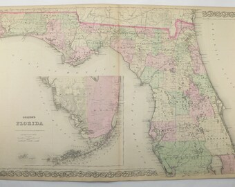 Large Antique Florida Map, 1881 Colton Map Florida, Vintage Florida Decor, FL Map, 1st Anniversary Gift for Couple, Florida Art Gift for Her