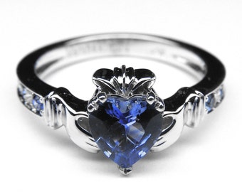 Claddagh Ring Heart Blue Sapphire 14K White Gold Ring with Blue Sapphire & Diamonds