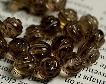 Smoky quartz carved rose round 8mm, 12 pcs (item ID GZSQCR8)