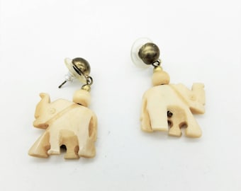 Vintage Carved Bone & Brass Elephant Dangle Earrings