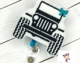 Jeep With Bow Badge ID Reel * Embroidered * Custom Made * FREE Shipping