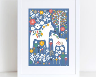 Scandi Dala Horses | A4 Giclee Print | New Baby | Art Print | Nursery Art | New Arrival | Scandi Art | Christening | Baby Shower Gift | Folk