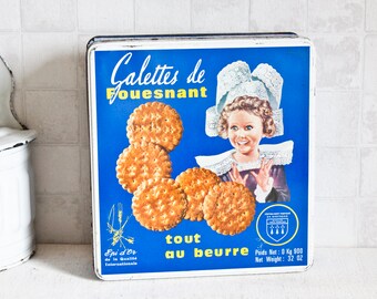 Vintage French Biscuits Blue Metal Box || Brittany Specialties Decorative Tin - Retro Kitchen Metal Box - Country Style