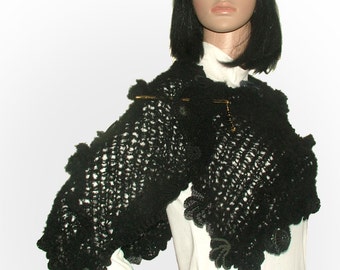Freestyle Knitted Shawl, Black knitted scarf shawl wrap Stole, Freestyle knit with freeform crochet motifs & glass beads, women's OOAK Scarf