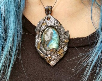 Labradorite and Citrine Polymer clay Pendant