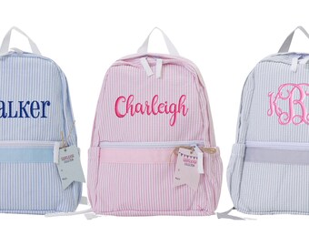 Toddler Backpack Seersucker Personalized Monogrammed Preschool Blue Pink Gray