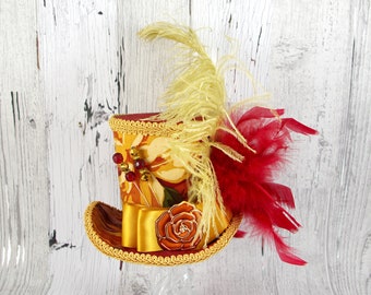 Red, Gold, and Orange Floral Rose Empress Collection Large Mini Top Hat Fascinator, Alice in Wonderland, Mad Hatter Tea Party, Derby Hat