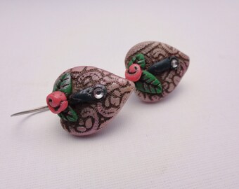 Blush pink lacy Heart drop earrings by Marie Segal with rose and leaves