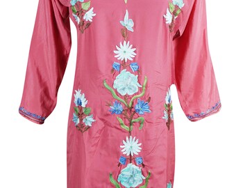 Rose Pink Floral Embroidered Silk Tunic 3/4 Sleeves Ethnic Wear Indian Kurti Dress M