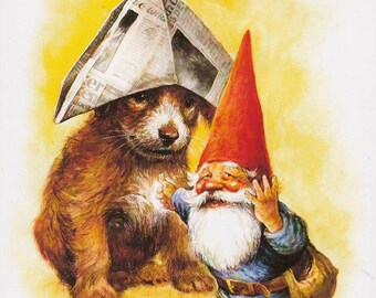 Vintage art print 80s. David the gnome with his friend the puppy. By Rien Poortvliet.