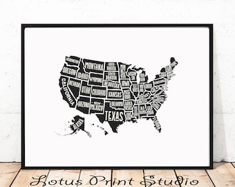 United States Map Print, US Map, USA Poster, All States Named, Printable Black And White Wall Art, Digital Download, #012