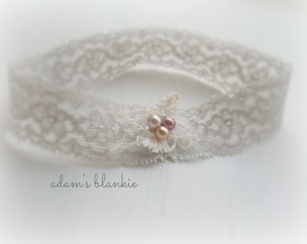 Thelma - Dove Gray Cream Bronze Lace Headband - Vintage Style - Pearls - Girls Newborns Baby Infant Adults