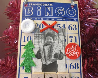 Vintage Christmas Joy Altered Bingo Card Holiday Decoration Door Hanger Ornament Accent Girl with gifts Retro