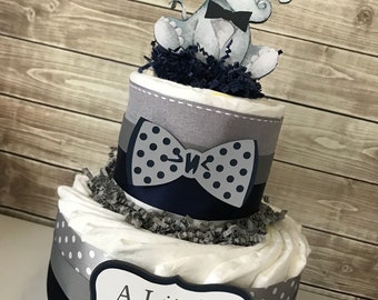 Little Peanut Diaper Cake in Navy and Gray, Elephant Baby Shower Centerpiece, Elephant Baby Shower Decorations