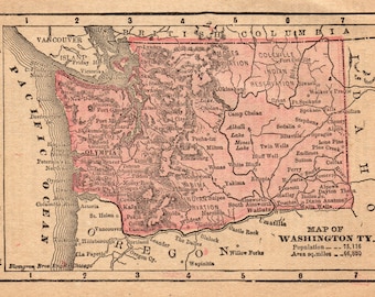 1888 RARE Size Antique WASHINGTON Map of Washington State Map Print Gallery Wall Art Office Decor MINIATURE Map Gift For Map Collector 7907