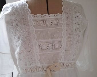 Very Pretty Antique Victorian Cotton Night Gown. Broderie Anglaise Bodice.