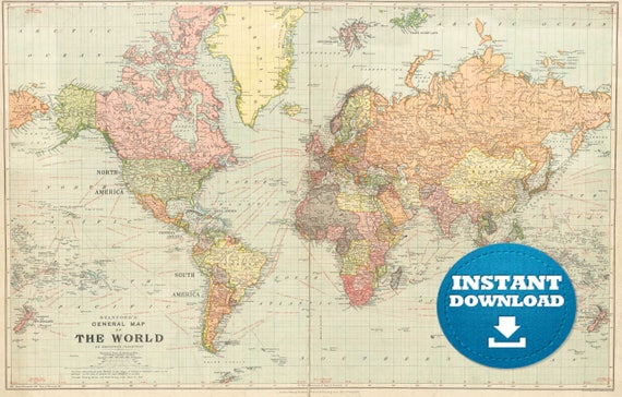 Digital Old World Map Printable Download Vintage World Map