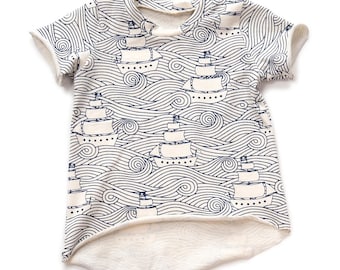 Edgy tee sewing pattern for babies and toddlers, sizes from 0-3m to 5-6T, pattern 106 includes layers