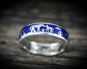 Sterling silver Scenic band of horses ring with inlaid crushed Lapis LazuliSize - 5.5 through 15 (Half Sizes available)