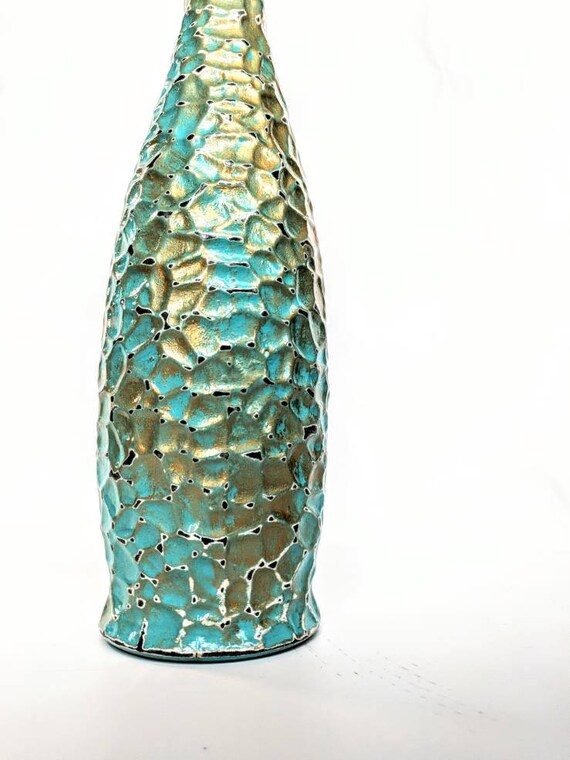 Turquoise and gold glass bottle hand painted Olive oil bottle 34 oz. glacier bottle with wire bail lid