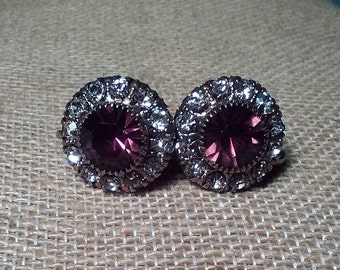 Gorgeous Purple Amethyst and Diamond Rhinestone Screw-back Vintage Earrings