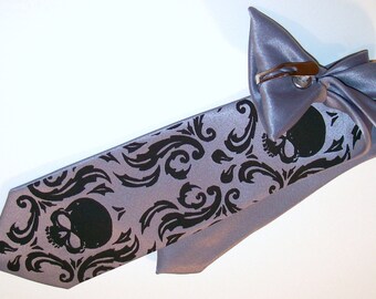 RokGear Skull Damask print boys necktie pre tied clip on 14 inches long