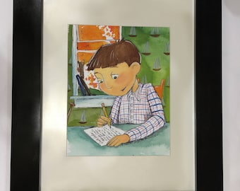 Watercolor of popular novel Island of the Dear Mr. Henshaw by Beverly Cleary