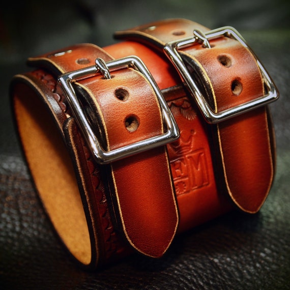 Leather cuff Bracelet Red watchband Vintage Johnny Depp style wristband Handmade for YOU in New York by Freddie Matara