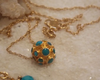 14k Solid Gold and Turquoise Necklace with 24k Gold Vermeil and Turqoise Earrings