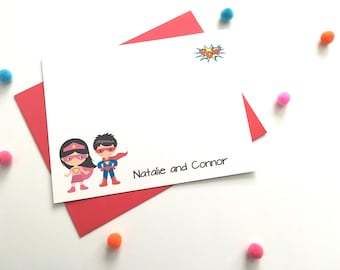 Personalized Twin Super Hero Stationery - Boy Girl Twins Superhero Note Cards - Thank You - Personalized - Super Hero Cape Mask DM193A