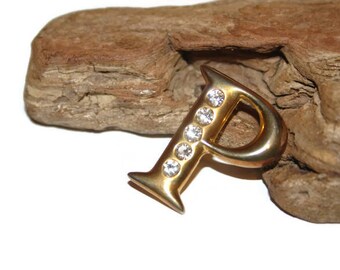 Letter P Brooch, Initial Jewelry, P Pin, Letter P Jewelry, Personalized Jewelry, Vintage Jewelry, Gold and Rhinestone Brooch, Christmas Gift
