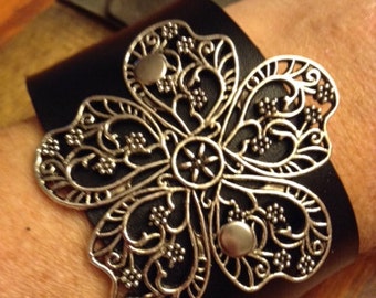 Leather Bracelet; Leather Cuff; Leather Wristband; Silver Flower Bracelet; Silver Flower Cuff; Silver Flower Wristband