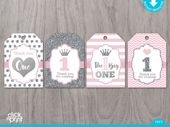 Pink and Silver Print Yourself Thank You Tags First Birthday Pink and Silver Print Yourself Thank You Tags First Birthday