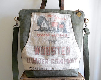 Lumber apron, waxed military canvas carryall, tote bag - Wooster Lumber Co. Ohio - eco vintage fabrics