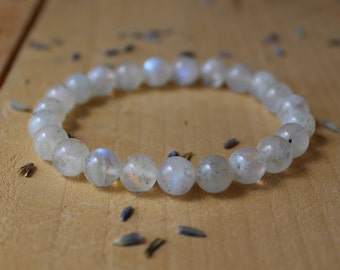 Moonstone Bracelet Genuine Rainbow Moonstone Meditation Bracelet Yoga Bracelet Beaded Gemstone Stretch Bracelet Goddess Stone Feminine Power