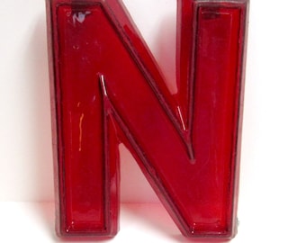 Vintage Translucent Red Plastic Marquee Letter N Wall Hanging 8 inch tall by 6 inch wide