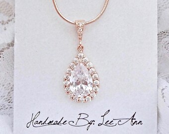 Rose gold necklace, Rose Gold bridal necklace, Rose gold wedding necklace, Rose gold cubic zirconia teardrop, Rose gold bridal jewelry ~ MIA