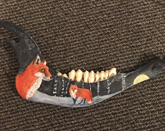 Hand-painted Buffalo Jaw Fox Scene