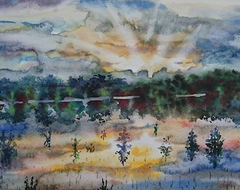 Original Art Painting Watercolor Landscape Home Decor Sunset Lake Landscape Watercolor paintings Wall Decor Art Painting Watercolor