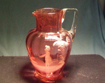 Vintage Mary Gregory Cranberry Pitcher Applied Handle