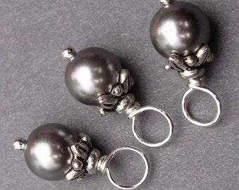 Pearl Charms, Dark Silver Grey Gray Swarovski Crystal Pearls, Bead Dangles, Stitch Markers, Wire Wrapped Dangles, Bracelet Charms