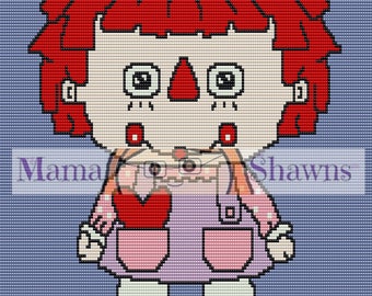 Crochet Graphghan, Written Pattern, Word Chart, Raggedy Ann Inspired, Row by Row Instructions, Crochet Pattern, PDF File, Vintage Cartoon