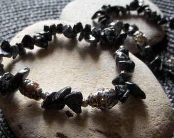 Snowflake Obsidian and Fancy Indian Lamp work Glass breads Bracelet