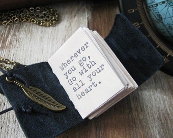 book necklace with quote wherever you go go with all your heart inspirational miniature book jewelry leather journal pendant charm