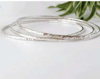 Sterling Silver Bracelet, Bangle. Stackable bangles set of 3. Textured.