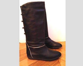 Boots black leather, solid sole - boots-flat size 36 - vintage 1970's - RB