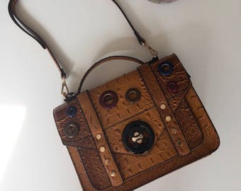 Crocodile Embossed Flap Satchel Camel