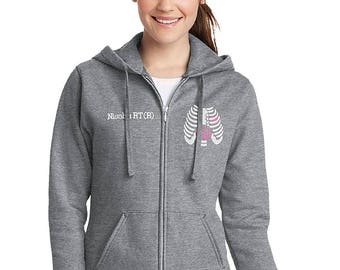 Ladies Radiology Chest Xray Monogram Full Zip Hooded Sweatshirt-- zip up ladies sweatshirt jacket with several font and color options