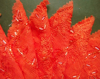 BURNT ORANGE...14 x Embroidered Bugle Beaded Crinkle Chiffon..100% Silk...12 x 10 cm each