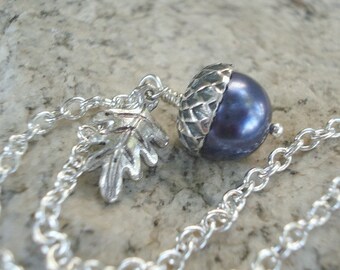 Acorn Necklace Gift For Her Blue Acorn Pendant Pearl Necklace Acorn Jewelry